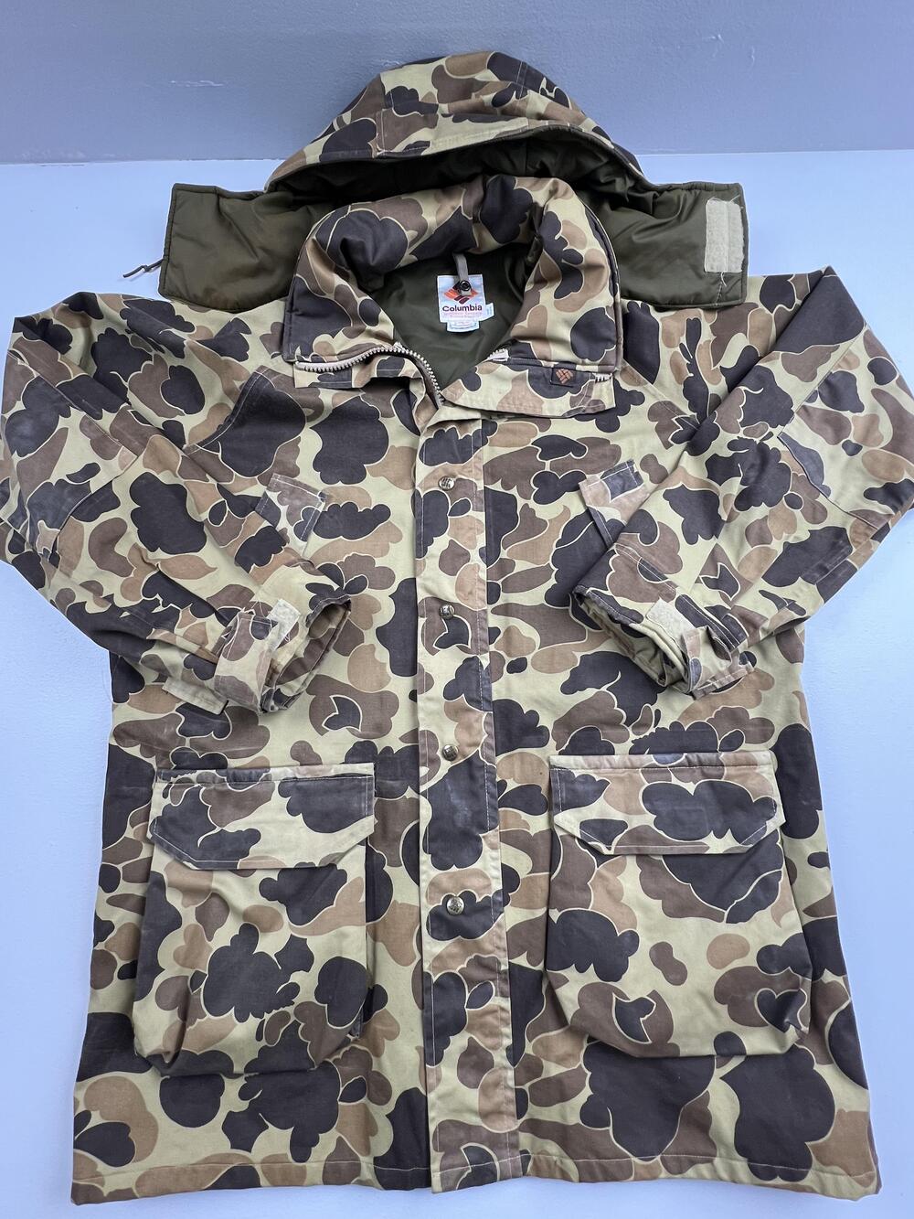 Vintage Columbia Coat Mens Large Brown Camo Canvas Hooded Parka Hunting USA